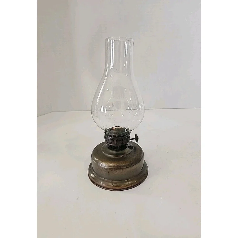 Mini Oil Lamp Vintage Metal Base Copper Color Clear Glass Shade 9
